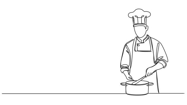 animated continuous single line drawing of chef in kitchen preparing meal, one line animation