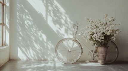 White Bicycle with Flowers Near Window Sunlight