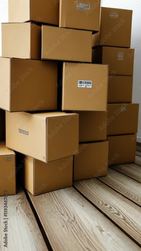 Poster a collection of neatly stacked cardboard boxes is located in a bright and modern interior. this disp