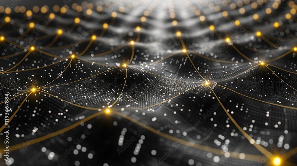 Poster abstract network visualization: golden lines on dark background
