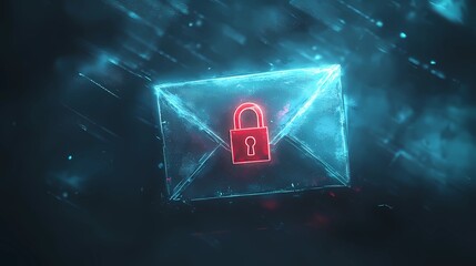 Secure email communication with encrypted data transfer and cybersecurity protection concept, digital lock symbol over email icon, book illustration style