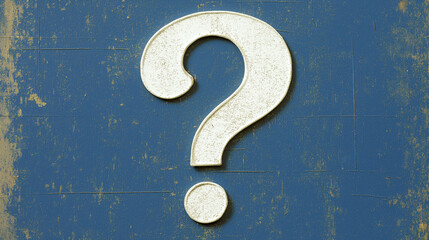 A large, textured question mark symbol sits prominently against a blue background, representative of inquiry and the quest for knowledge in a minimalistic design.
