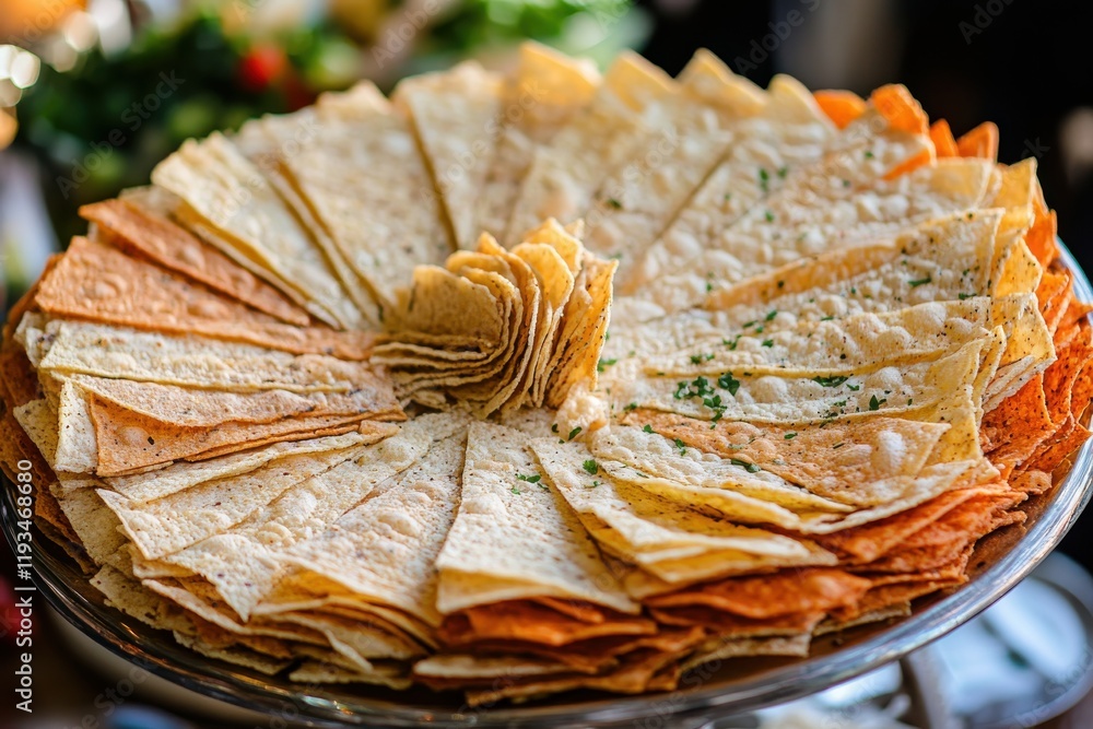 Poster colorful arrangement of crispy chips in a fan shape on a serving tray with diffused lighting, perfec