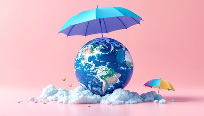 Earth globe with blue umbrella, Save the Earth concept, climate change awareness, pastel pink background, 3D render, smooth textures, soft lighting, symbolic imagery