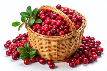 Fresh Cranberries in Rustic Wicker Basket - Isolated White Background