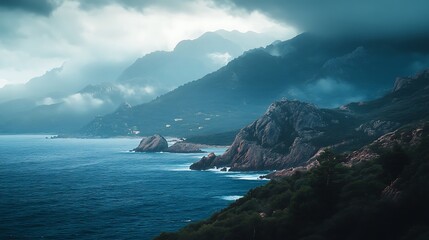 Dramatic Coastal Mountains Under Cloudy Skies