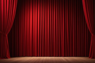 a close up of a red curtain with a wooden floor