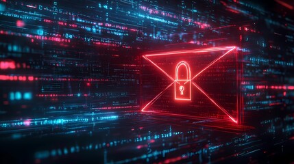 Secure email communication with encrypted data transfer and cybersecurity protection concept, digital lock symbol over email icon, book illustration style