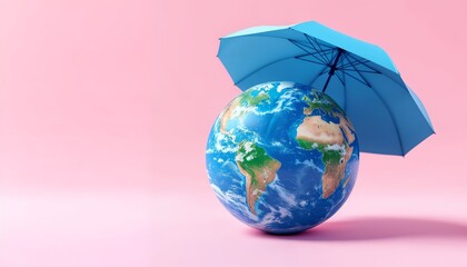 Earth globe with blue umbrella, Save the Earth concept, climate change awareness, pastel pink background, 3D render, smooth textures, soft lighting, symbolic imagery