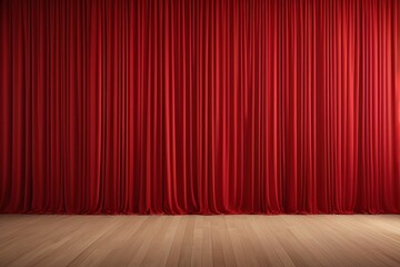 a close up of a red curtain in a room with wooden floors