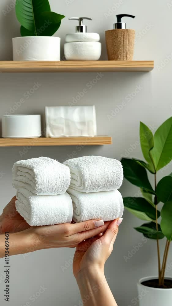 Poster a hand holds a stack of neatly folded white towels while another reaches out, set against a backdrop