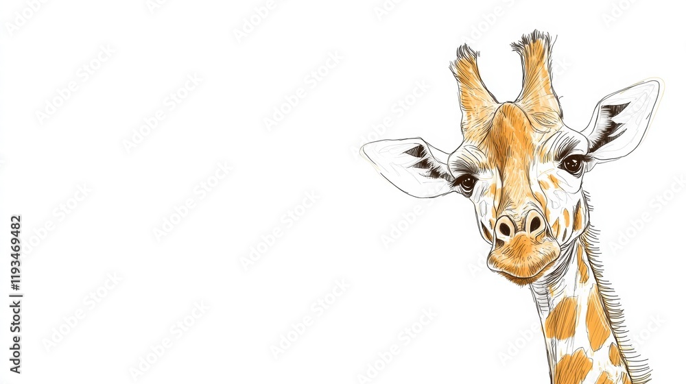 Poster Giraffe peeking curiously against a white background showcasing its unique features and textures in a delightful illustration. Generative AI