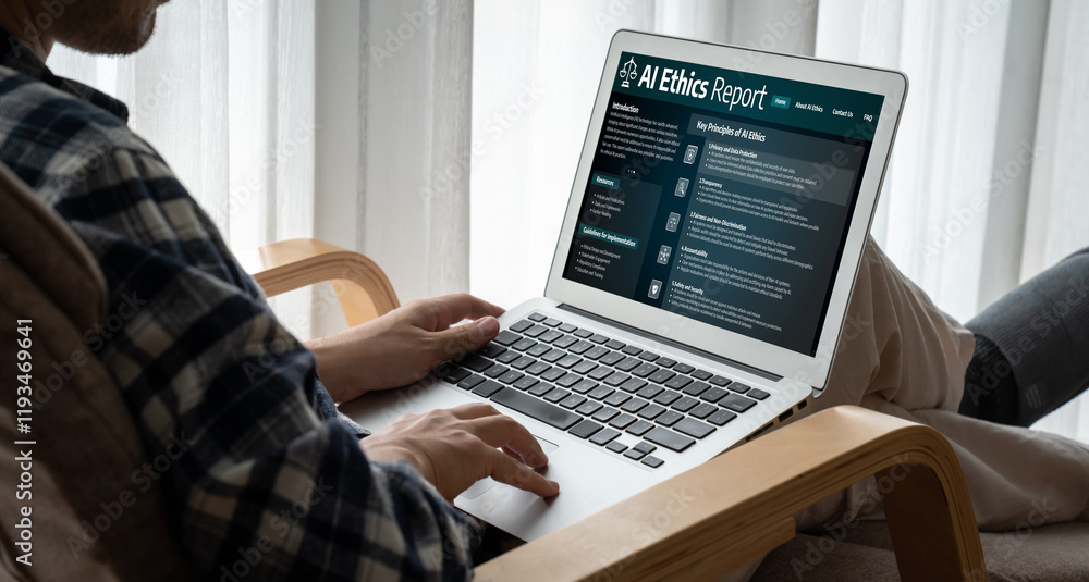 Poster ai ethics responsibility standard law and rules on computer screen provide report of ai ethic transp