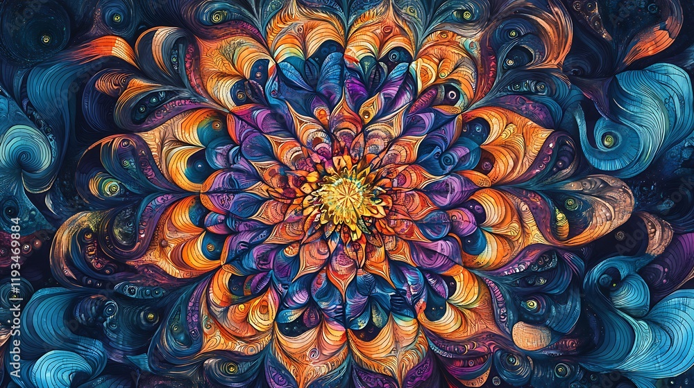 Poster abstract colorful mandala art design featuring intricate patterns