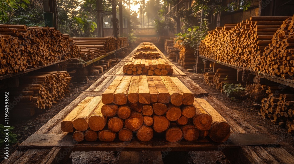 Poster sunlit wood storage warehouse with stacks of timber and planks surrounded by greenery creating a ser