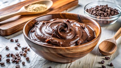 Rich and Creamy Chocolate Pudding in a Rustic Wooden Bowl, Surrounded by Coffee Beans and a Wooden Spoon