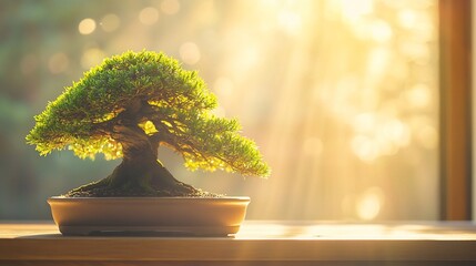 Miniature Bonsai Tree Basking in Golden Sunlight