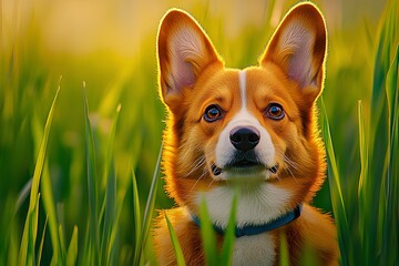 Charming Welsh corgi sitting among green grass in a beautiful summer park. Copy space.