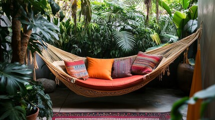 A cozy outdoor hammock surrounded by tropical plants and colorful cushions