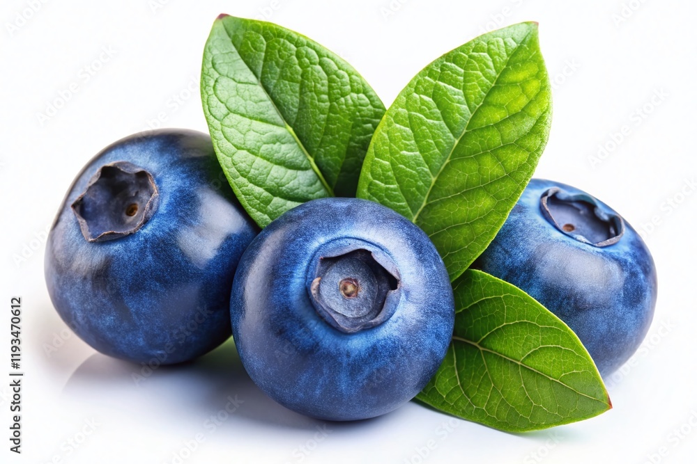 Canvas Prints Fresh Juicy Blueberries with Leaves Isolated on White – High-Res Stock Photo