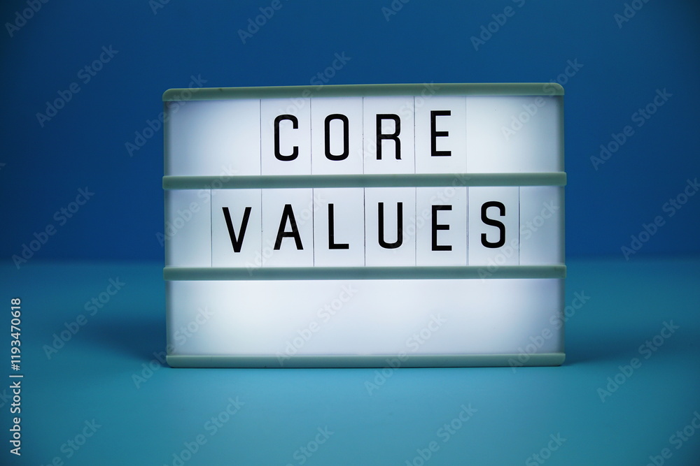 Poster core values letterboard text on led lightbox on blue background