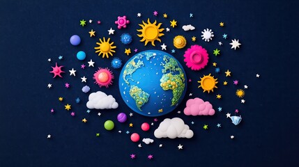 A vibrant illustration of the Earth surrounded by weather icons like sun, clouds, and rain, celebrating World Meteorological Day