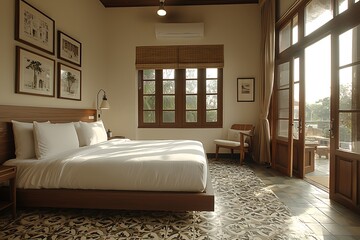 A stylish master bedroom boasts a combination of white and brown walls, a tiled floor, and a king-sized bed, offering a side view of refined comfort.