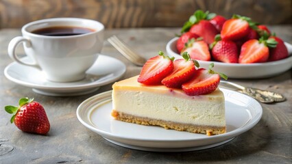 A slice of creamy cheesecake topped with fresh strawberries, served with a cup of coffee on a rustic wooden table