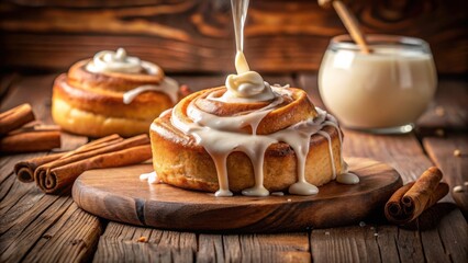 Drizzled with creamy frosting, a cinnamon roll sits on a wooden board with cinnamon sticks, ready for a sweet indulgence.