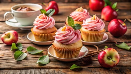 Pink Frosting Cupcakes with Fresh Apples and a Cup of Coffee on a Rustic Wooden Table