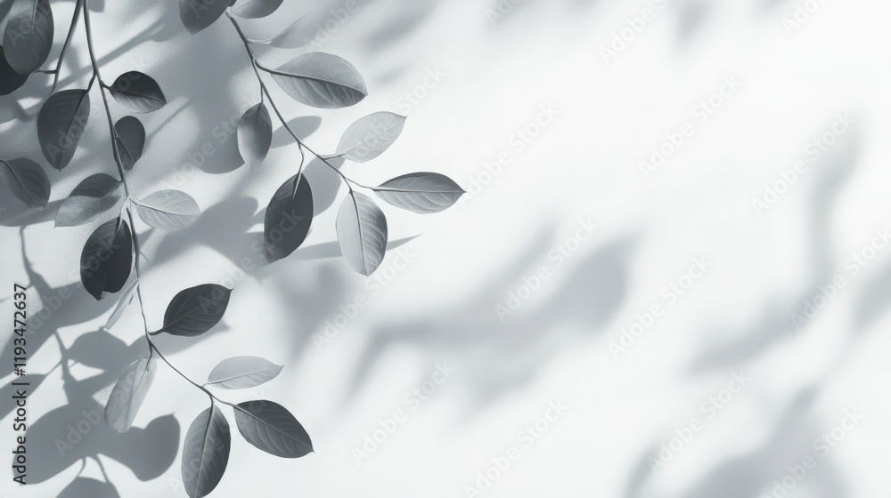 Poster monochromatic leaves and their shadows cast against a textured white backdrop creating an abstract a