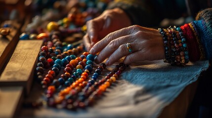Hands arranging colorful beaded necklaces on a cloth