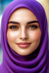Stylish young Muslim woman wearing a purple hijab, captured against the background of a stunning mosque.