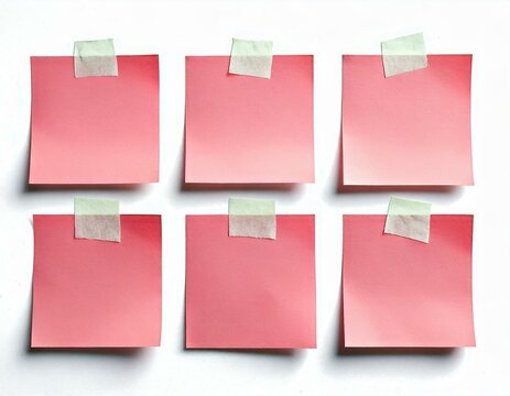 Six pink post it notes attached to a white wall