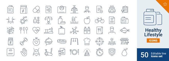 Healthy icons Pixel perfect. Sport, food, human, ....	
