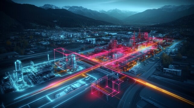 A digital representation of carbon emissions decreasing over time, with a transformation from industrial to sustainable practices, emphasizing the global shift toward achieving net zero carbon.