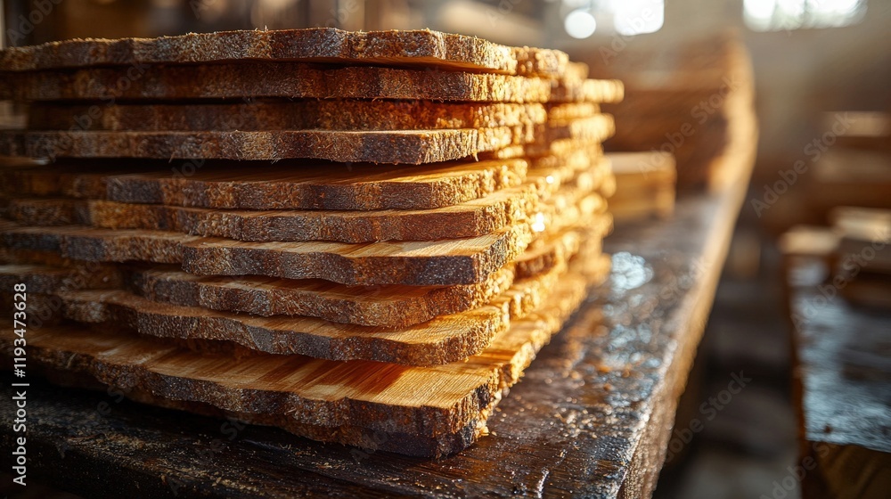 Aufkleber stacked wooden planks in workshop with soft sunlight casting warm glow creating a rustic atmosphere 