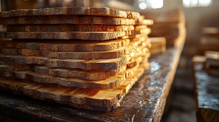 Naklejka premium Stacked Wooden Planks in Workshop with Soft Sunlight Casting Warm Glow Creating a Rustic Atmosphere Perfect for Interior Design and Craft Projects