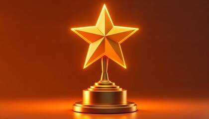 Golden star trophy with illuminated 3D star on a circular pedestal, warm orange background, shiny metallic texture, celebratory atmosphere, 3D render.