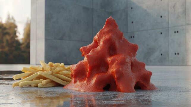 Abstract Red Sculpture with Fries on Concrete Surface in Outdoor Setting - Powered by Adobe