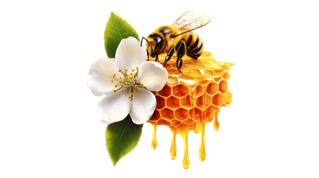 Intricate honeycomb with bees and flower isolated on transparent background for design element, 