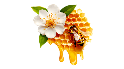 Intricate honeycomb with bees and flower isolated on transparent background for design element, 