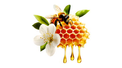 Intricate honeycomb with bees and flower isolated on transparent background for design element, 