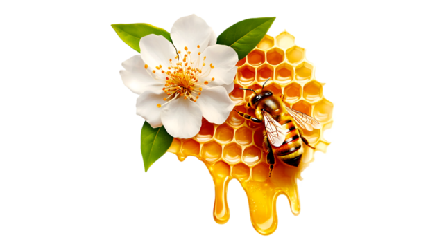 Intricate honeycomb with bees and flower isolated on transparent background for design element, 