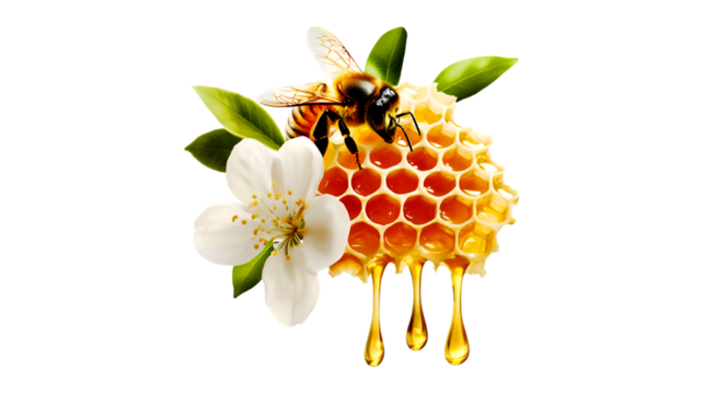 Intricate honeycomb with bees and flower isolated on transparent background for design element, 