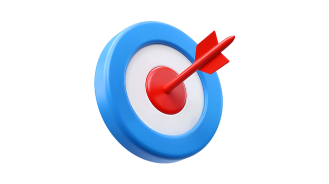 3D blue target icon, cartoon style on isolated transparent background