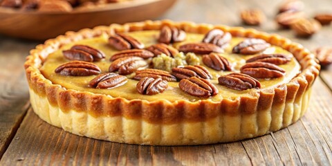 A Close-Up of a Pecan Pie with a Golden Crust, Resting on a Rustic Wooden Surface