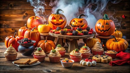 A Spooky Halloween Feast with Jack-O'-Lantern Pumpkins, Cupcakes, and Festive Treats on a Wooden Table