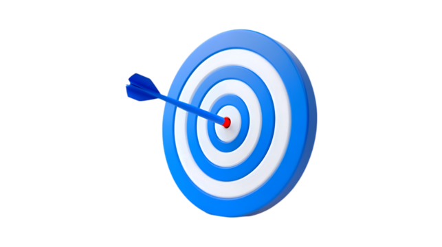 3D blue target icon, cartoon style on isolated transparent background
