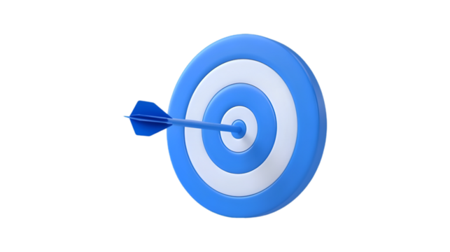 3D blue target icon, cartoon style on isolated transparent background